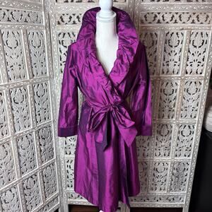 Shani Purple Silk Evening Formal Dress Coat Lined Ruffles Tie Front Size 12